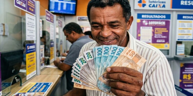 Homem sorridente segura leque de notas de 50, 100 e 200 reais em ambiente de lotérica com logos da Caixa
