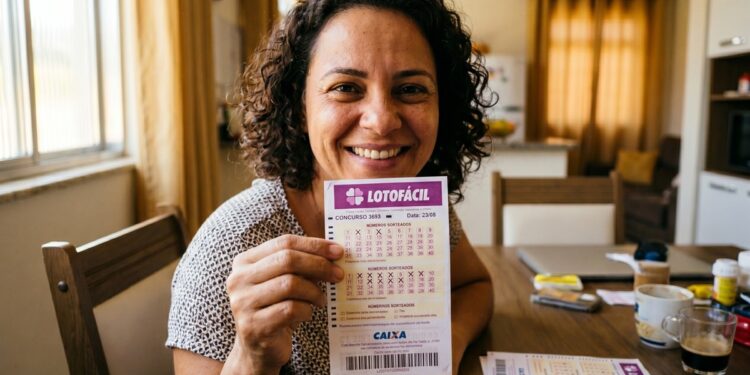 Mulher de cabelos cacheados escuros segura volante da Lotofácil, concurso 3693, com números marcados, sentada em sala de jantar