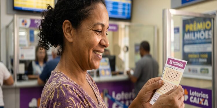 Mulher sorrindo segura volante da Lotofácil em agência Loterias Caixa, com painéis de resultados ao fundo