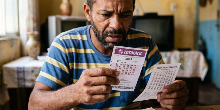 Homem de camiseta listrada azul e amarela segura bilhete da Lotofácil 3695 e gabarito com notas de real na mesa