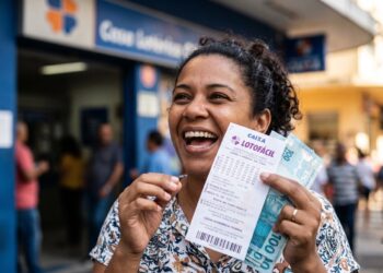 Mulher sorridente segura volante da Lotofácil e notas de R$ 100 diante da agência da Caixa Econômica Federal