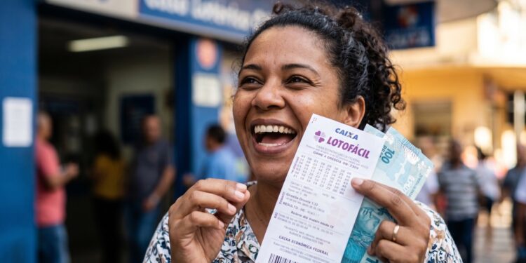 Mulher sorridente segura volante da Lotofácil e notas de R$ 100 diante da agência da Caixa Econômica Federal