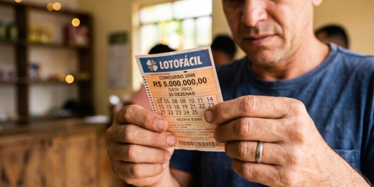 Homem de camiseta azul segura bilhete da Lotofácil concurso 3698 mostrando números e prêmio de R$ 5 milhões