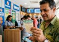 Homem de camisa verde segura volante da Mega-Sena 30 Anos e celular em lotérica da Caixa com pessoas ao fundo