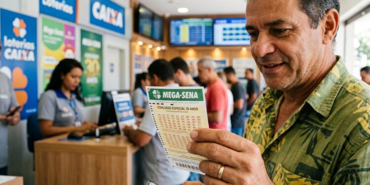 Homem de camisa verde segura volante da Mega-Sena 30 Anos e celular em lotérica da Caixa com pessoas ao fundo