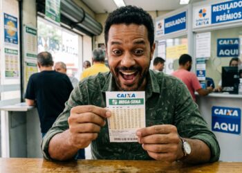 Homem negro sorridente segura volante da Mega-Sena concurso 3011 em casa lotérica com logos da Caixa ao fundo