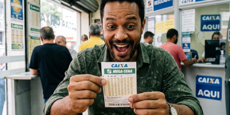 Homem negro sorridente segura volante da Mega-Sena concurso 3011 em casa lotérica com logos da Caixa ao fundo