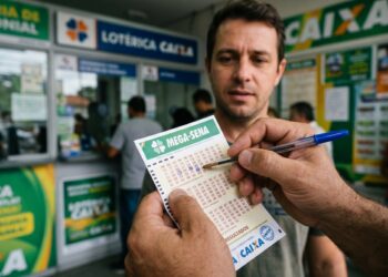 Homem segura volante da Mega-Sena e caneta azul em frente à casa lotérica com letreiro Lotérica Caixa visível