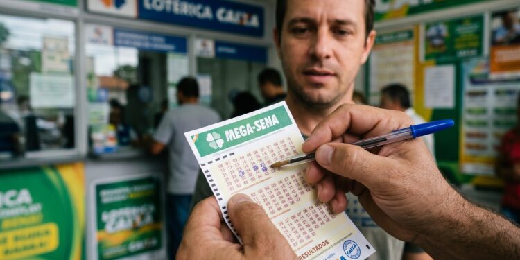 Homem segura volante da Mega-Sena e caneta azul em frente à casa lotérica com letreiro Lotérica Caixa visível