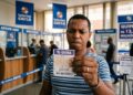 Homem de camiseta listrada azul e branca segura volante da Quina, concurso 7030, em casa lotérica com cartazes do prêmio de R$ 13,5 milhões
