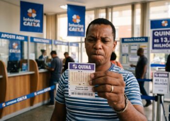 Homem de camiseta listrada azul e branca segura volante da Quina, concurso 7030, em casa lotérica com cartazes do prêmio de R$ 13,5 milhões