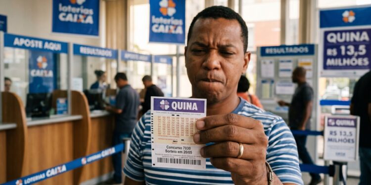 Homem de camiseta listrada azul e branca segura volante da Quina, concurso 7030, em casa lotérica com cartazes do prêmio de R$ 13,5 milhões