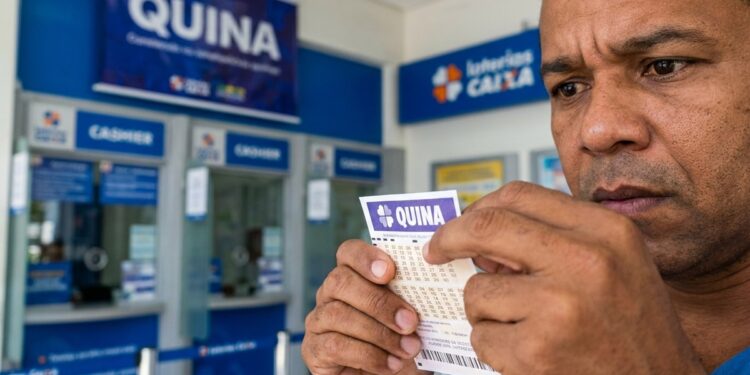 Homem de meia-idade segura e observa bilhete da Quina em frente ao guichê de lotérica da Caixa