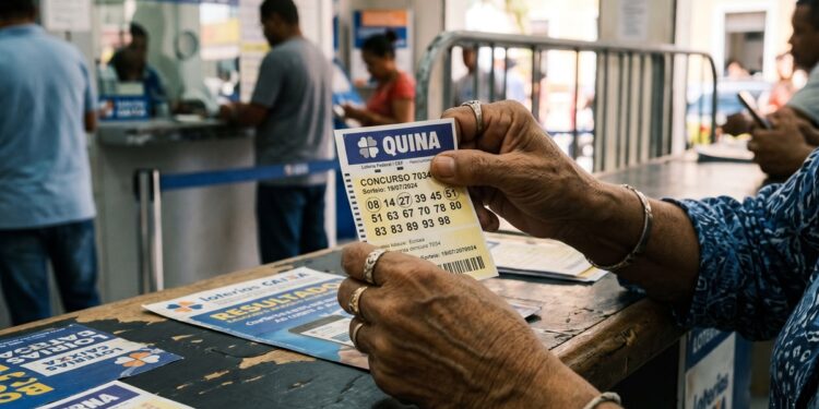 Mãos segurando bilhete da Quina, concurso 7034, com números apostados em balcão de Loterias Caixa