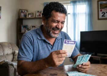 Homem sorridente segura volante da Quina e notas de R$ 100 em sala de estar com calendário marcando 27 de maio