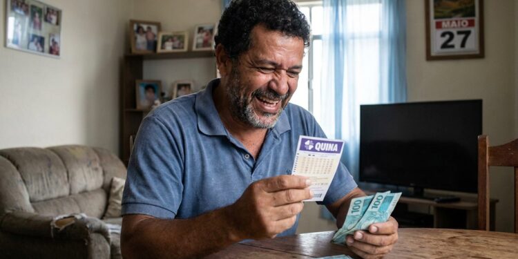 Homem sorridente segura volante da Quina e notas de R$ 100 em sala de estar com calendário marcando 27 de maio