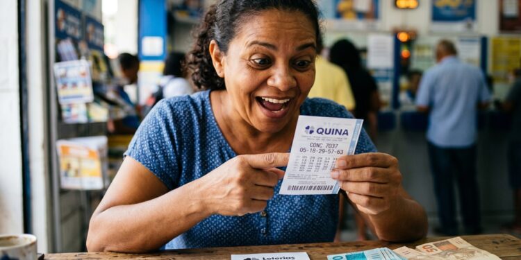 Mulher sorridente segura bilhete da Quina, concurso 7037, com as dezenas 05-18-29-57-63, em casa lotérica