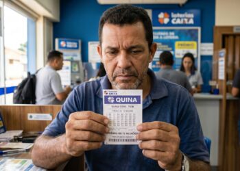 Homem de camisa azul segura bilhete da Quina, concurso 7838, com prêmio de R$ 12 milhões em casa lotérica