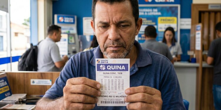 Homem de camisa azul segura bilhete da Quina, concurso 7838, com prêmio de R$ 12 milhões em casa lotérica