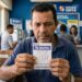Homem de camisa azul segura bilhete da Quina, concurso 7838, com prêmio de R$ 12 milhões em casa lotérica