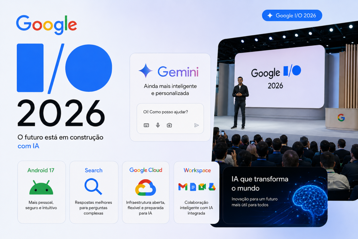 Palco do Google I/O 2026 com apresentador e telão exibindo logo do evento, cards do Gemini e Android 17.