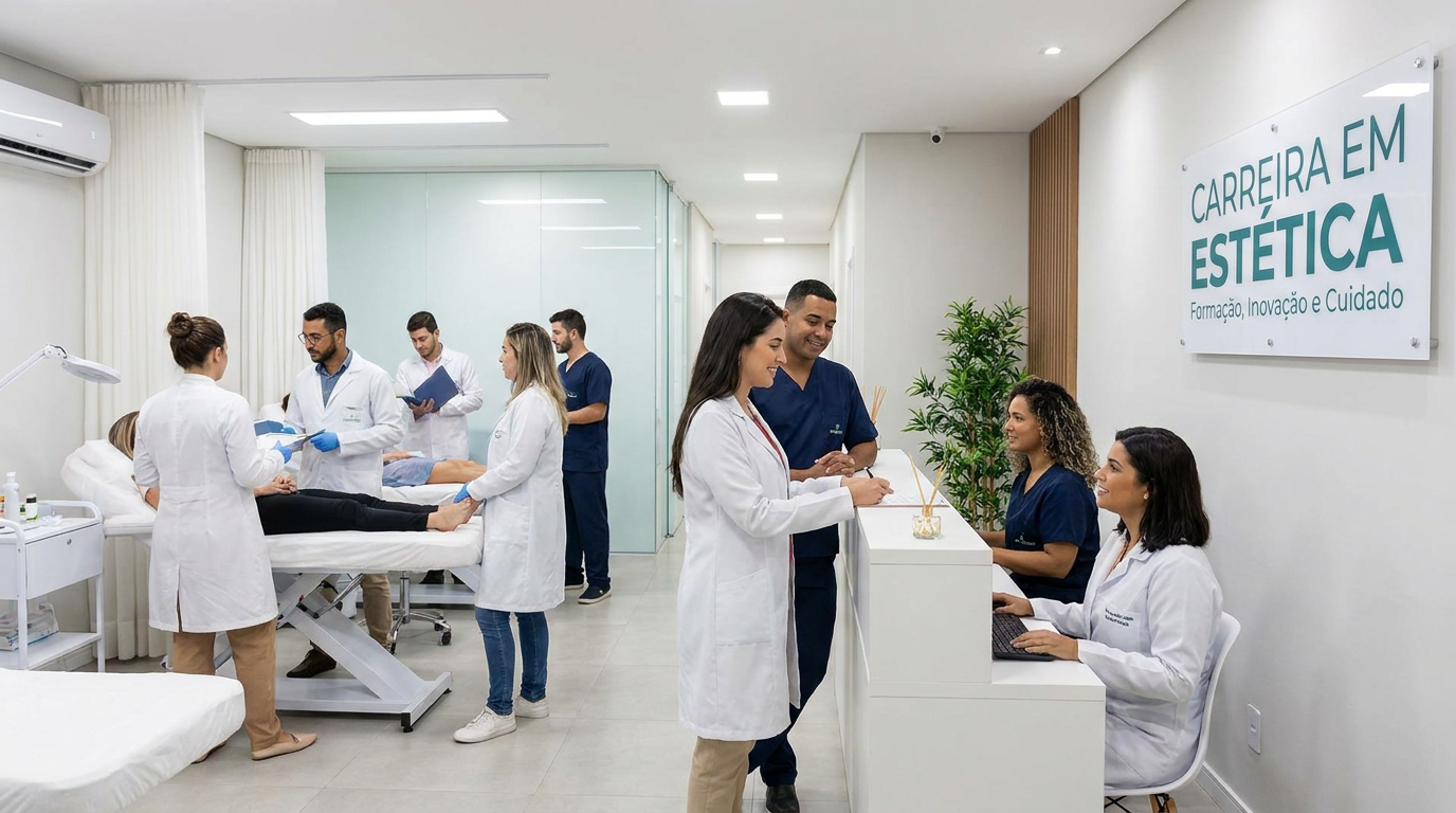 Profissionais de estética em jalecos brancos e uniformes azuis atendem pacientes em clínica-escola moderna.