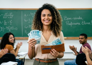 Professora de cabelos cacheados sorri segurando notas de R$ 100 e carteira marrom enquanto alunos aplaudem em sala de aula.