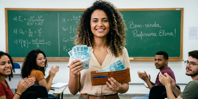 Professora de cabelos cacheados sorri segurando notas de R$ 100 e carteira marrom enquanto alunos aplaudem em sala de aula.