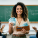 Professora de cabelos cacheados sorri segurando notas de R$ 100 e carteira marrom enquanto alunos aplaudem em sala de aula.