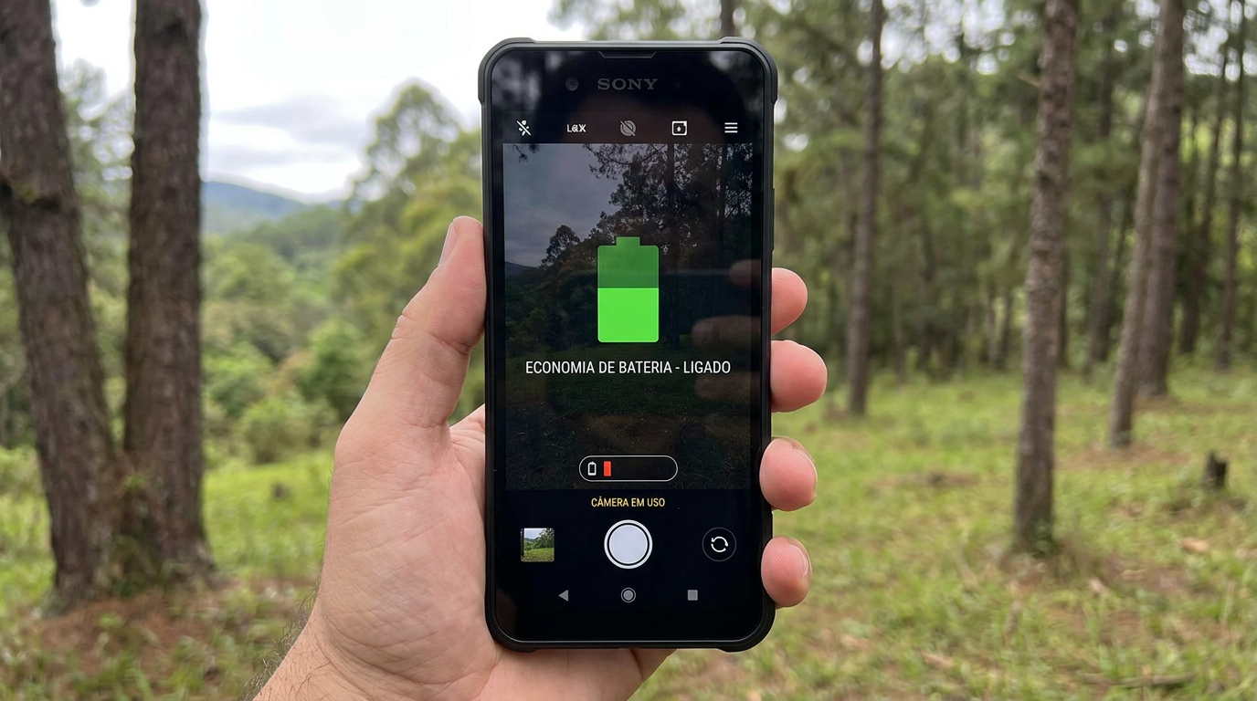 Mão segurando smartphone Sony Xperia exibindo alerta verde de economia de bateria ligado em ambiente de mata nativa.