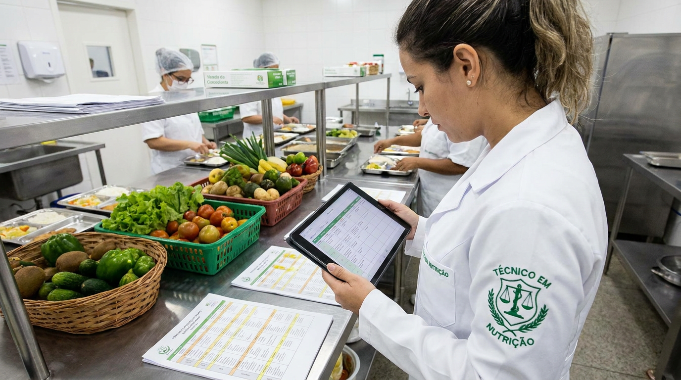 Profissional técnica em nutrição analisa planilha em tablet diante de cestos com legumes e verduras em cozinha industrial.