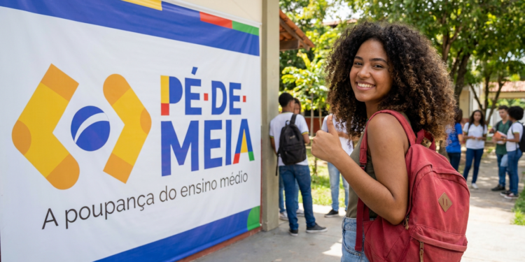 Jovem de cabelos cacheados com mochila vermelha faz sinal de positivo ao lado do banner Pé-de-Meia em escola pública.