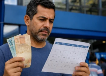 Trabalhador segurando notas de reais e consultando calendário, representando os pagamentos dos novos lotes do PIS/Pasep.