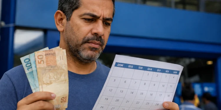 Trabalhador segurando notas de reais e consultando calendário, representando os pagamentos dos novos lotes do PIS/Pasep.