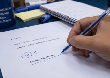 Mão segurando caneta azul sublinhando "Atenciosamente" em carta comercial brasileira sobre mesa com caderno e caneca.