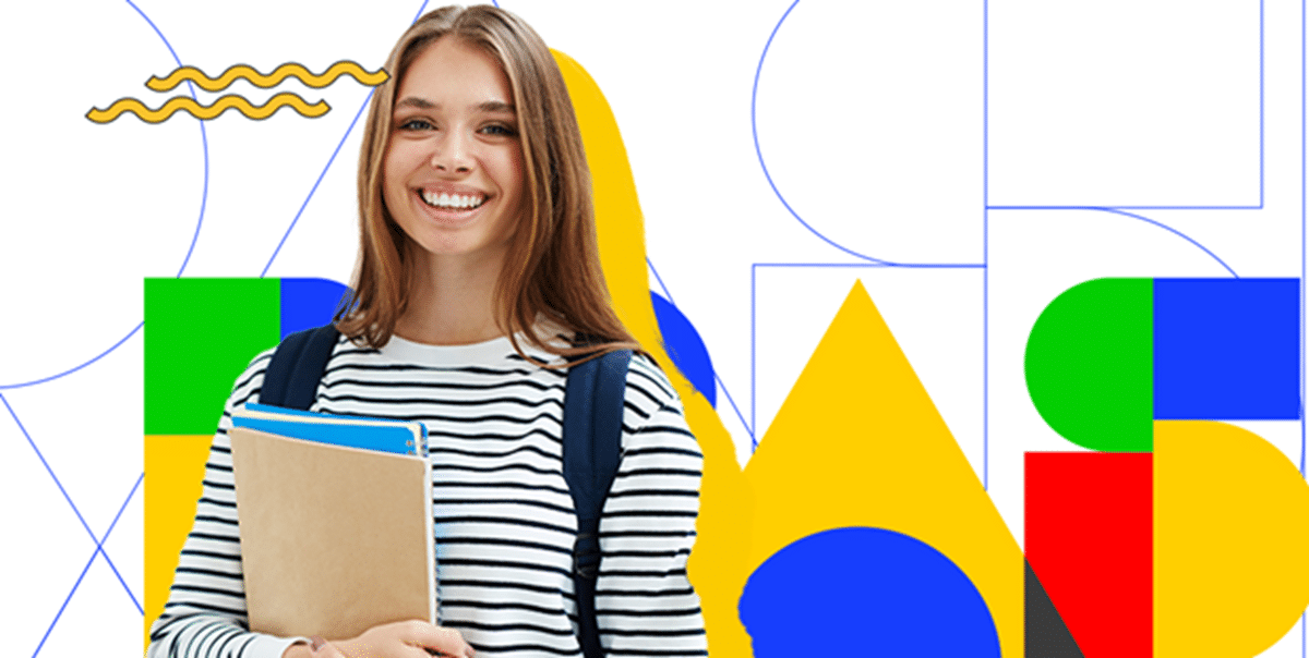 Estudante sorri ao lado de mochila e cadernos sobre fundo gráfico colorido representando o Enem
