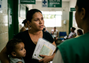 Mulher com criança no colo conversa com profissional de saúde em corredor de unidade do SUS.