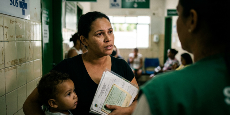 Mulher com criança no colo conversa com profissional de saúde em corredor de unidade do SUS.