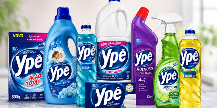 Produtos Ypê da marca brasileira de higiene e limpeza da Química Amparo em fundo claro.