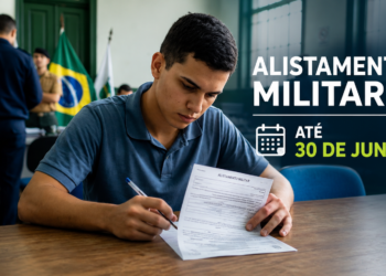 Imagem ilustrativa de jovem preenchendo o formulário do Alistamento Militar 2026, com prazo até 30 de junho