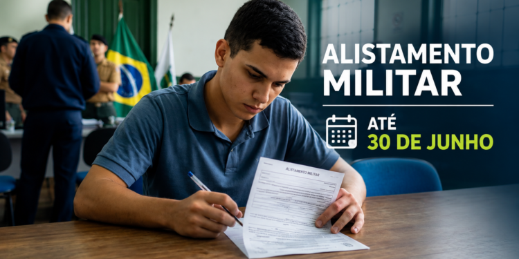 Imagem ilustrativa de jovem preenchendo o formulário do Alistamento Militar 2026, com prazo até 30 de junho