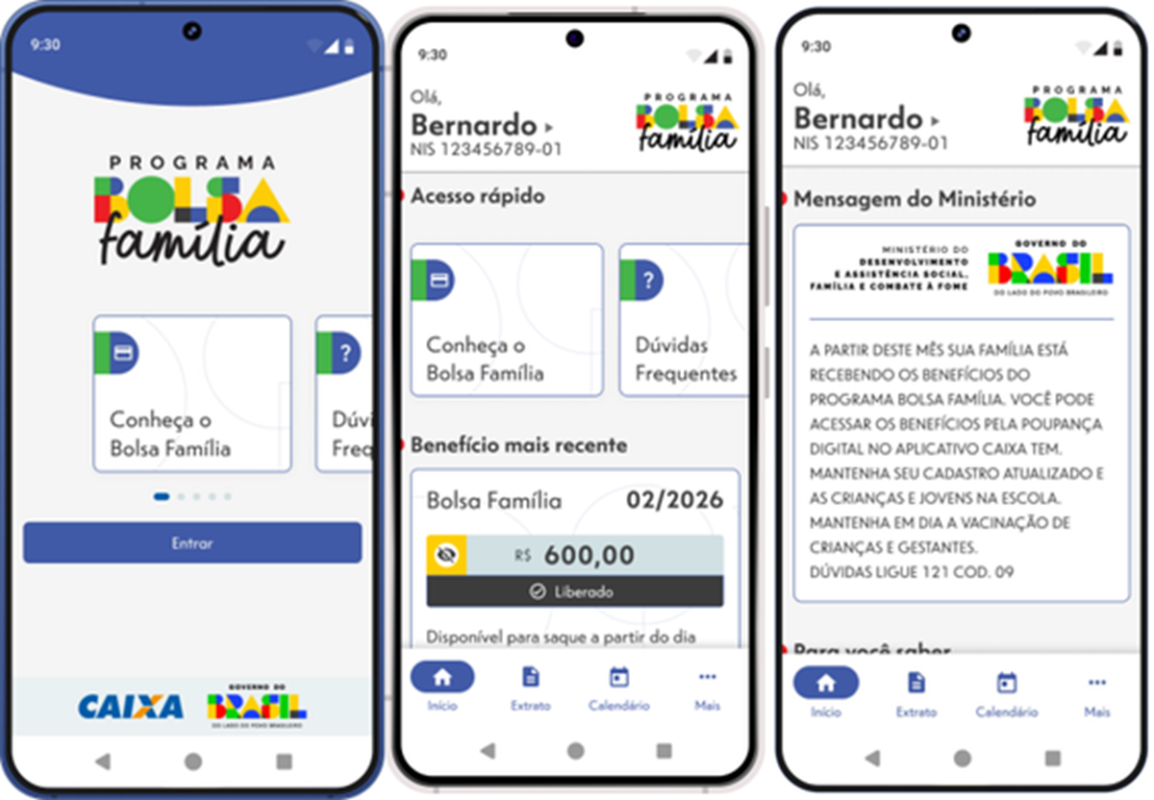 Três telas do aplicativo Bolsa Família exibindo tela inicial, acesso rápido e mensagem do Ministério com layout acessível