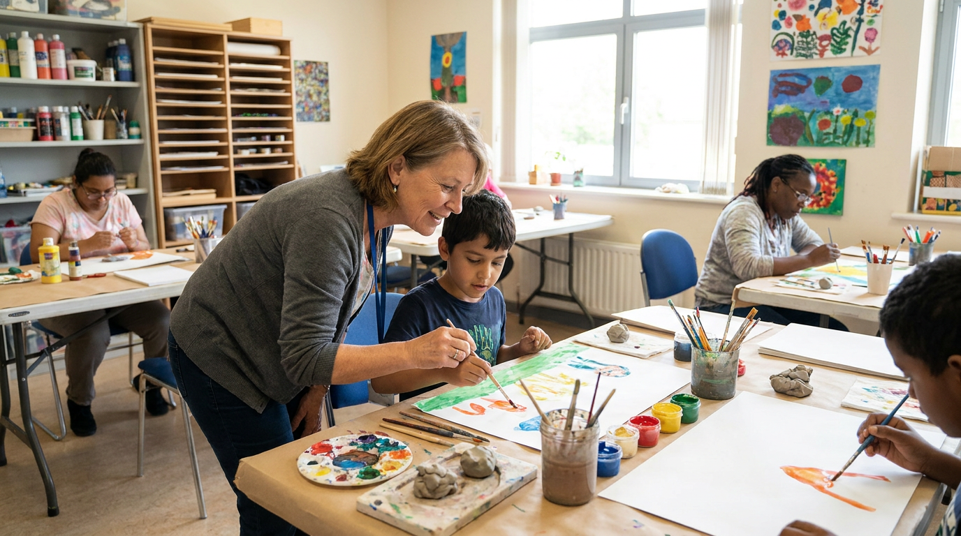 Educadora de cardigã cinza orienta menino em pintura com guache colorido em sala de artes com trabalhos expostos.