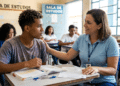 Educadora conversa com estudante adolescente em sala de aula durante orientação para o Enem