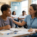 Educadora conversa com estudante adolescente em sala de aula durante orientação para o Enem