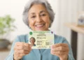 Mulher idosa segura a Nova Carteira de Identidade, representando a ação especial do SAC para emissão do documento.