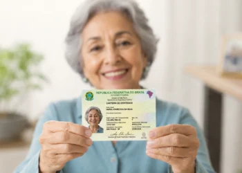 Mulher idosa segura a Nova Carteira de Identidade, representando a ação especial do SAC para emissão do documento.