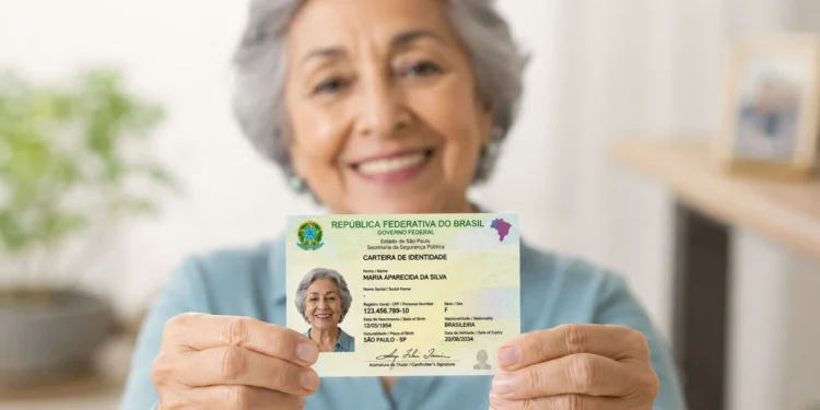 Mulher idosa segura a Nova Carteira de Identidade, representando a ação especial do SAC para emissão do documento.