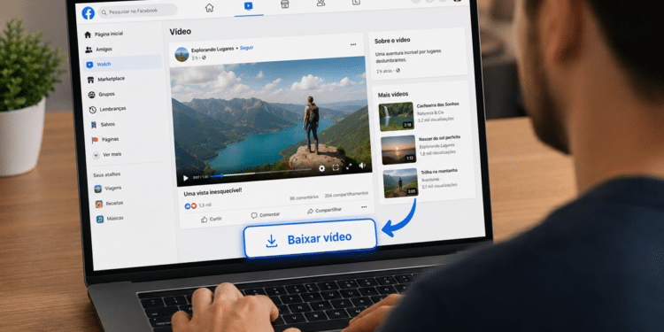 Homem usa notebook exibindo Facebook Watch com vídeo de trilheiro e botão destacado "Baixar vídeo"