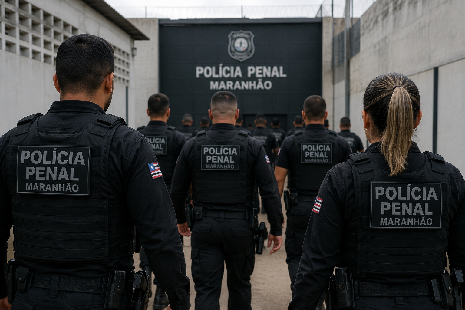 Policiais penais do Maranhão fardados de preto com brasão estadual caminham em formação em direção a portão de unidade prisional.